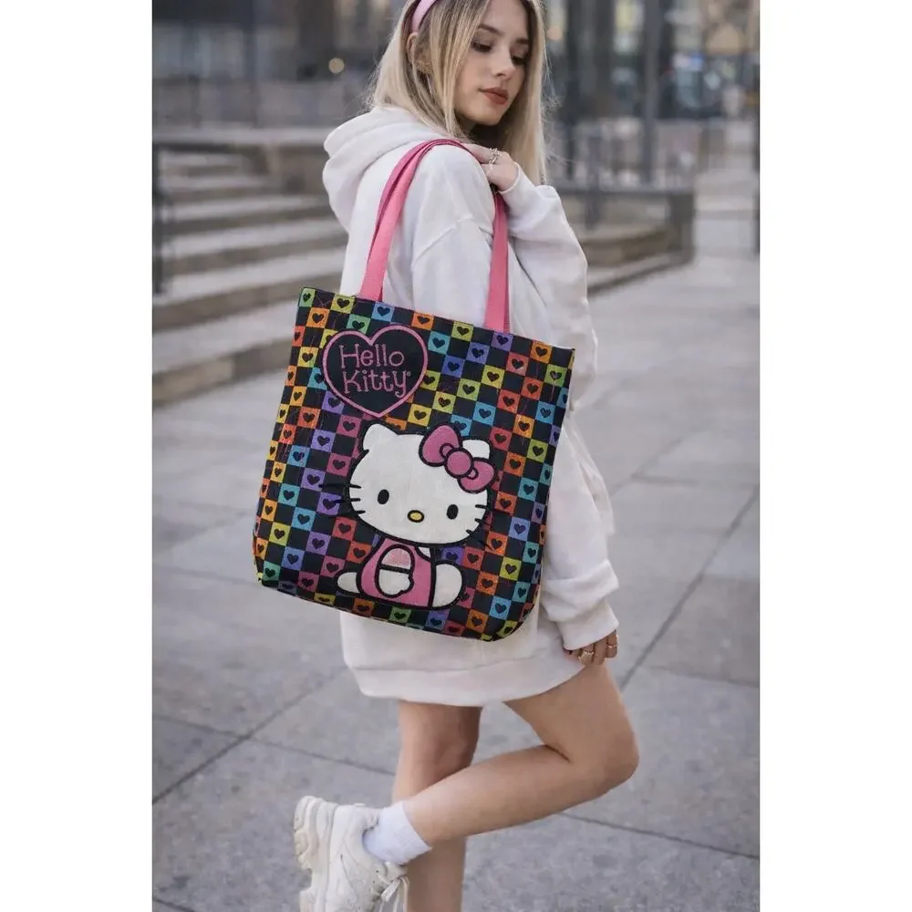 Hello Kitty Rainbow Check Tote Bag Kidcore Y2K Kawaii Pink Strap Zip Top